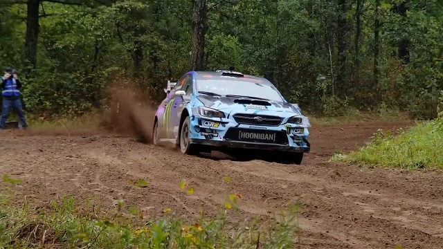 KEN BLOCK GOES FLAT OUT IN THE RAIN RUTTED STAGES & SKETCHY JUMPS OJIBWE FOREST RALLY SHOW SUBARU WRX STI